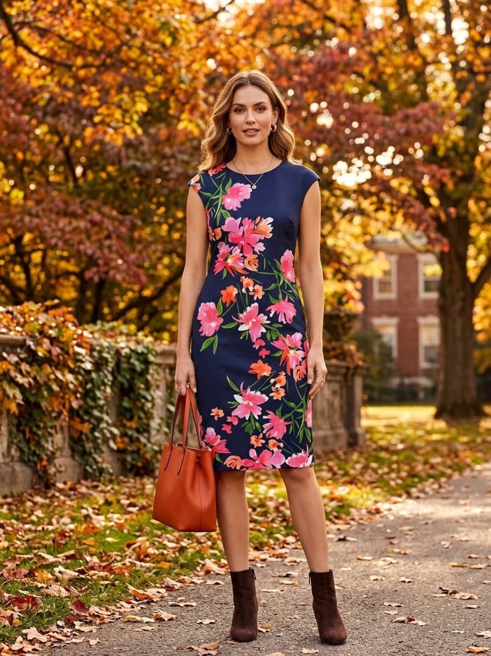 Vince Camuto Navy Midi Dress with Pink & Coral Floral Print